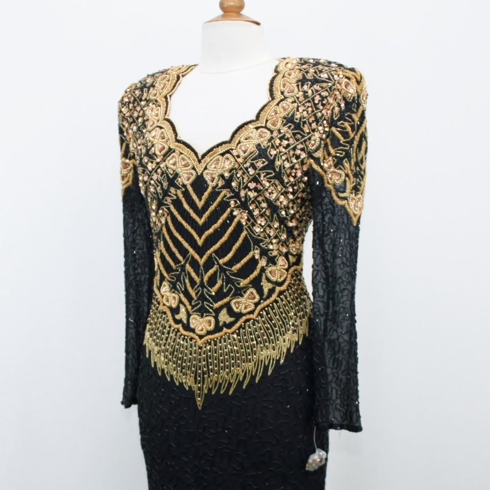 JASDEE Vintage Long Sleeve Dress Hand Work Bead & Sequins On Silk Style 5063